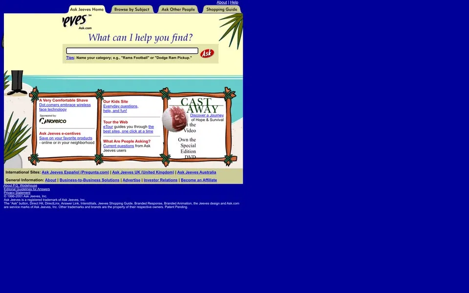 ask.com homepage in 2001