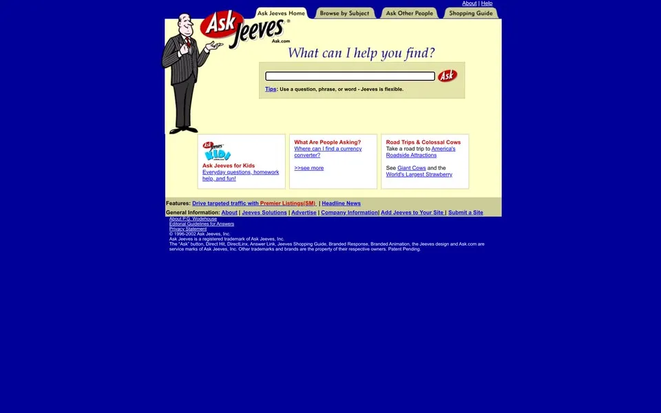 ask.com homepage in 2002