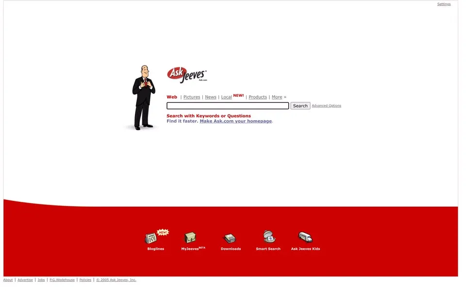 ask.com homepage in 2005