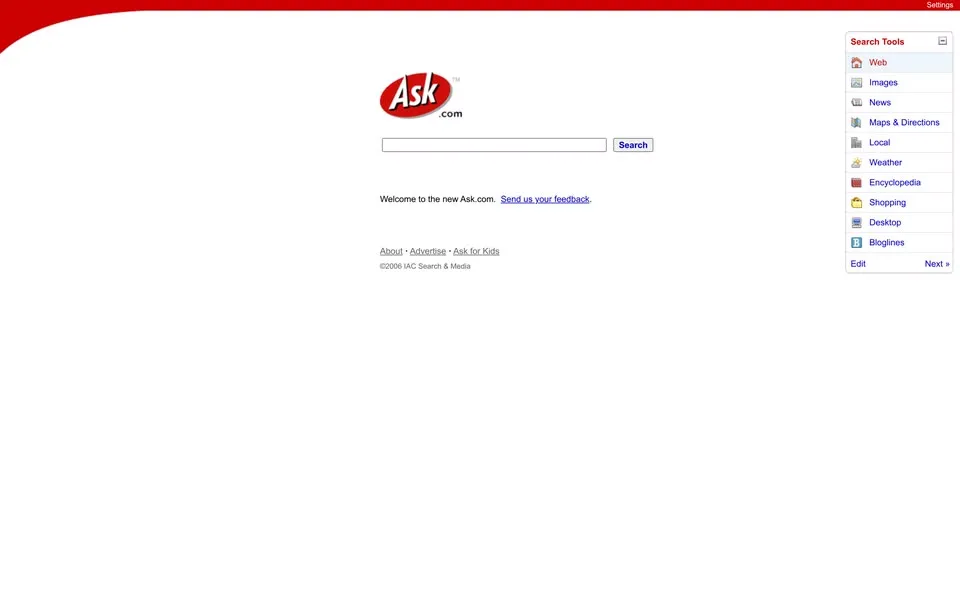 ask.com homepage in 2006