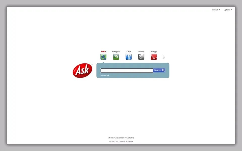 ask.com homepage in 2007