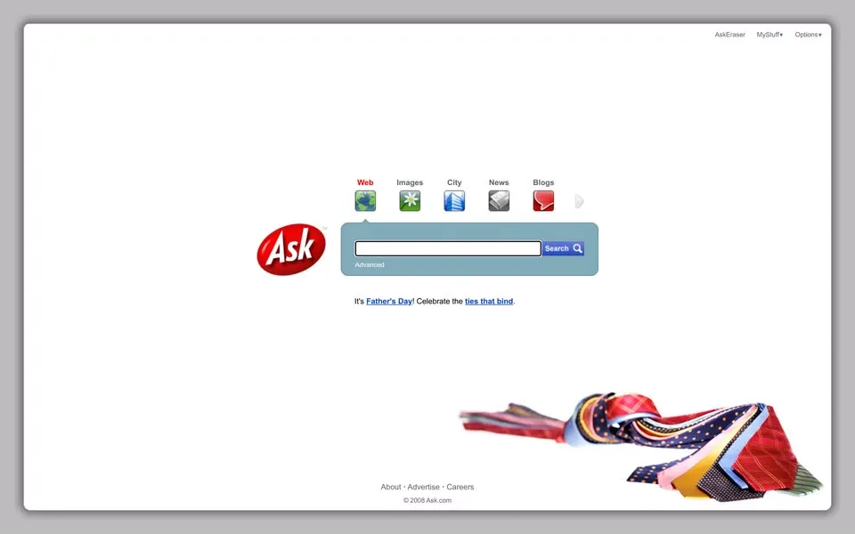 ask.com homepage in 2008