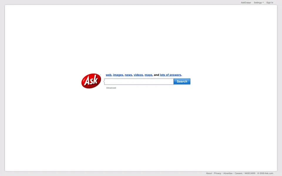ask.com homepage in 2009