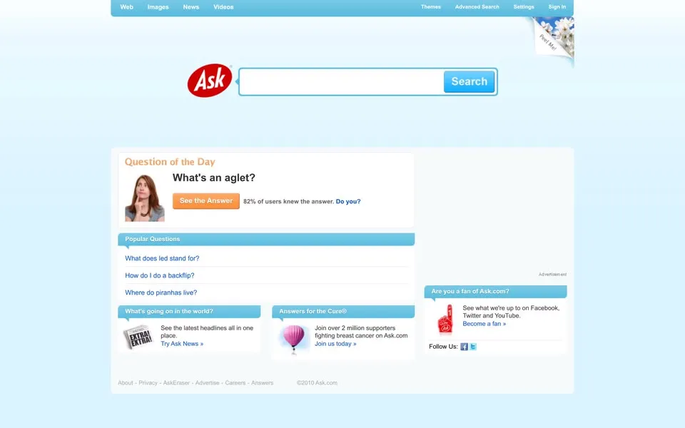 ask.com homepage in 2010