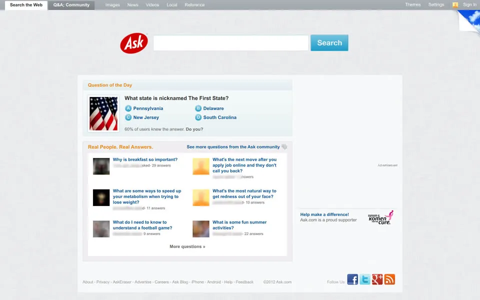 ask.com homepage in 2012