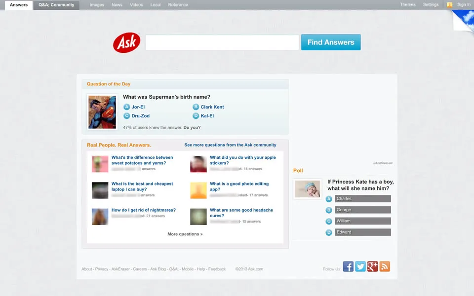 ask.com homepage in 2013