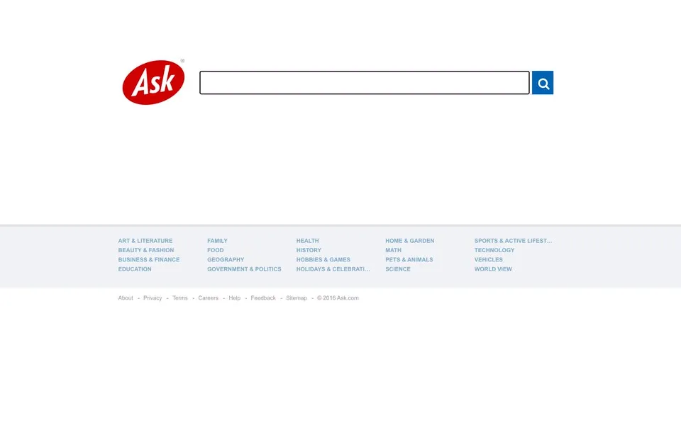 ask.com homepage in 2016