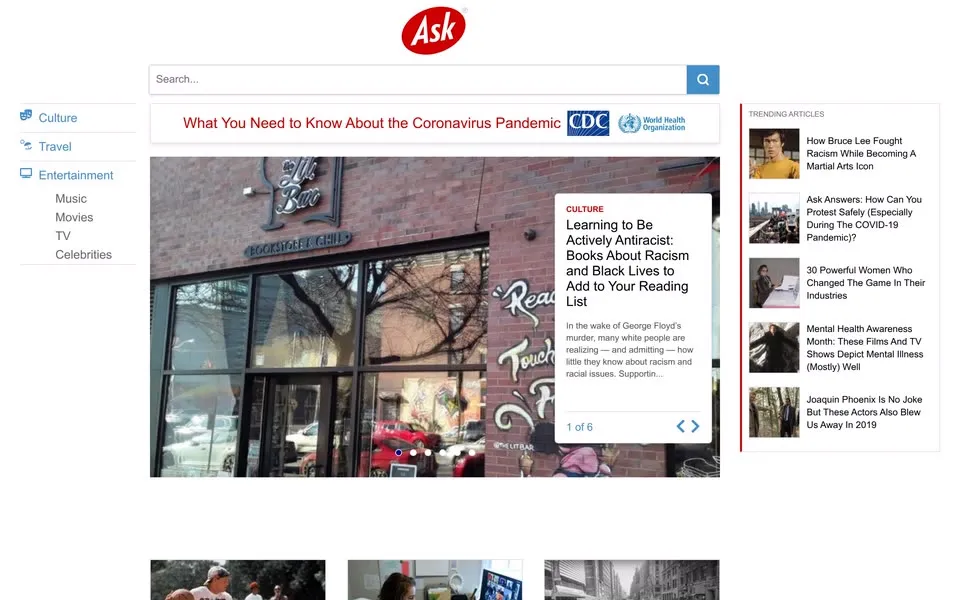 ask.com homepage in 2020