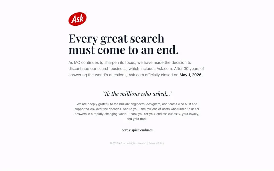 ask.com homepage in 2026