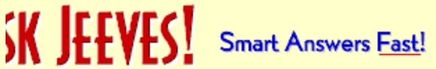Ask.com logo on the 1998 ask.com homepage: Red 'Ask Jeeves!' wordmark with the tagline 'Smart Answers Fast!' (the left half of the logo was never archived)