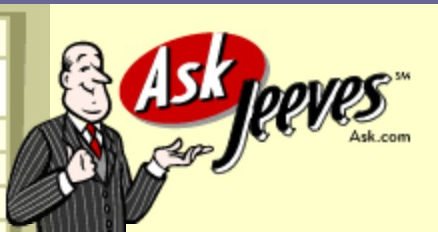 Ask.com logo on the 2000 ask.com homepage: Butler Jeeves beside a red oval 'Ask' and a black script 'Jeeves'