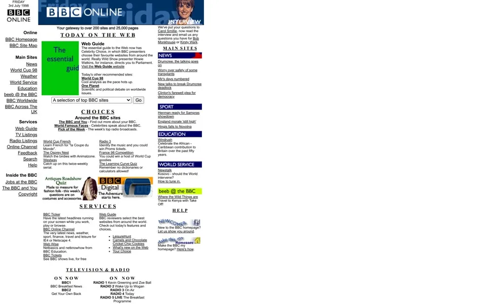 bbc.co.uk homepage in 1998