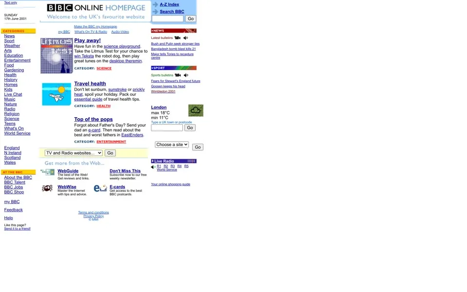 bbc.co.uk homepage in 2001