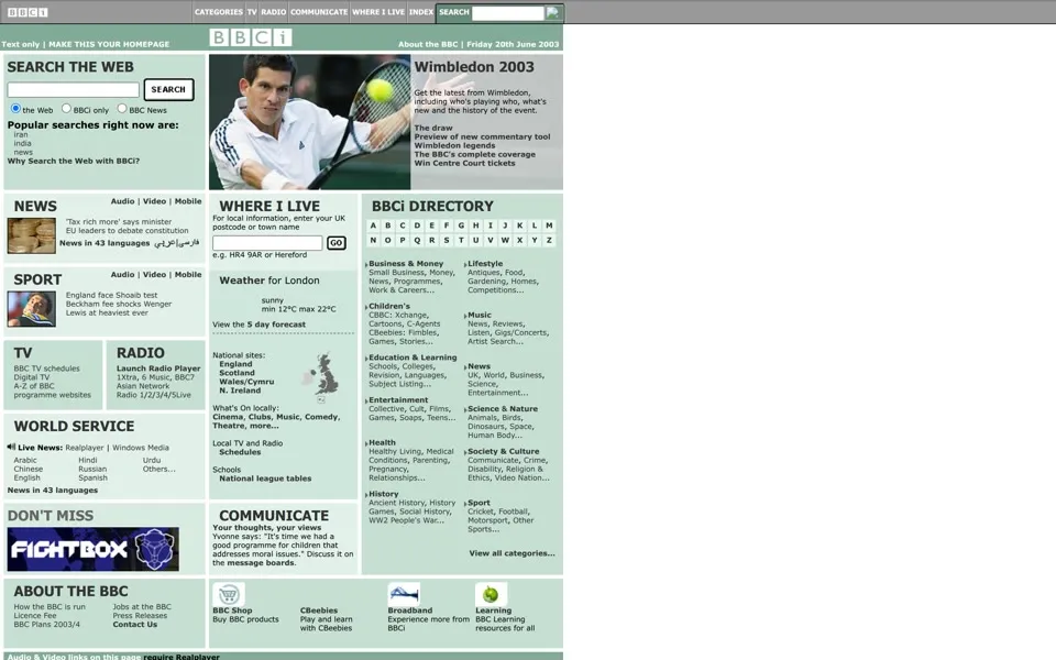 bbc.co.uk homepage in 2003