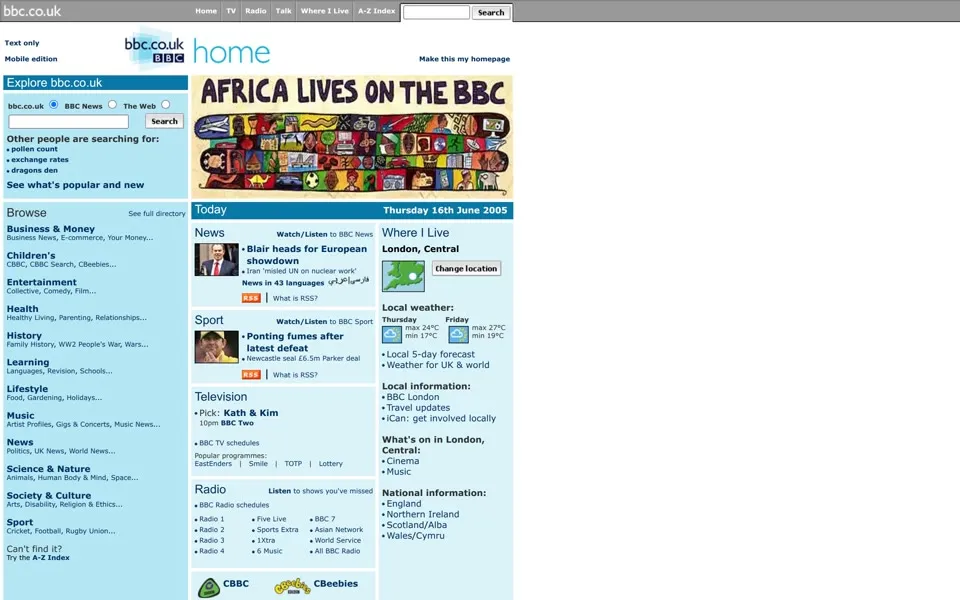 bbc.co.uk homepage in 2005