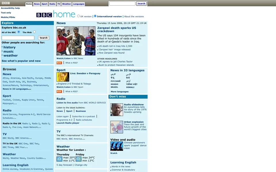 bbc.co.uk homepage in 2006