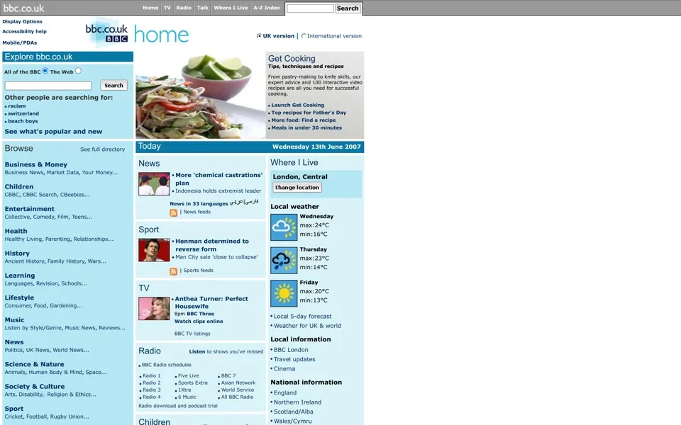 bbc.co.uk homepage in 2007
