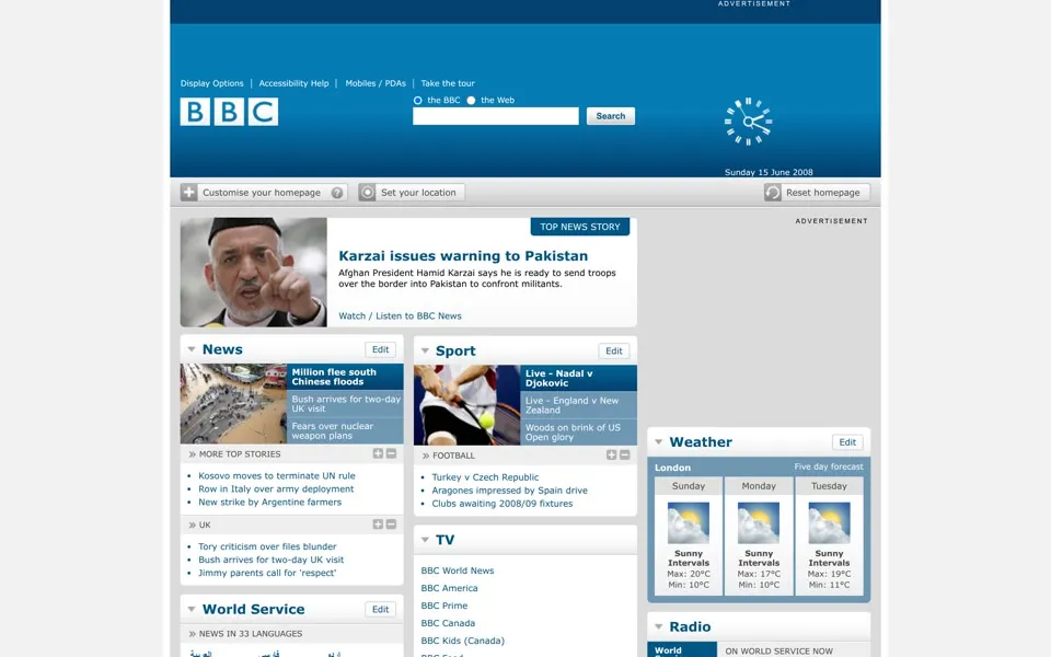 bbc.co.uk homepage in 2008
