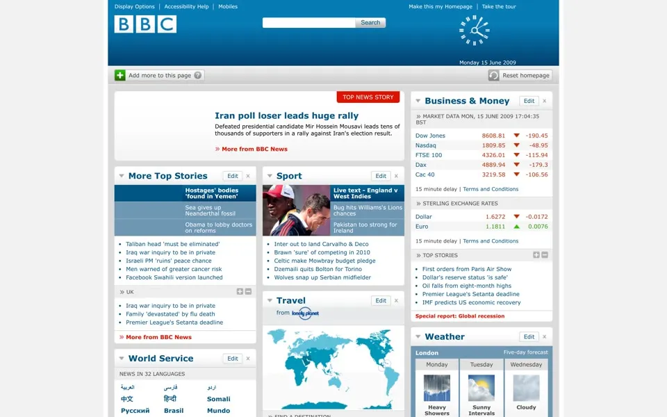 bbc.co.uk homepage in 2009