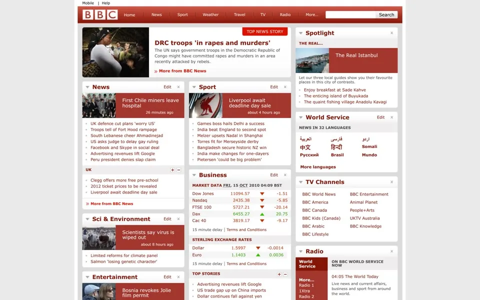 bbc.co.uk homepage in 2010