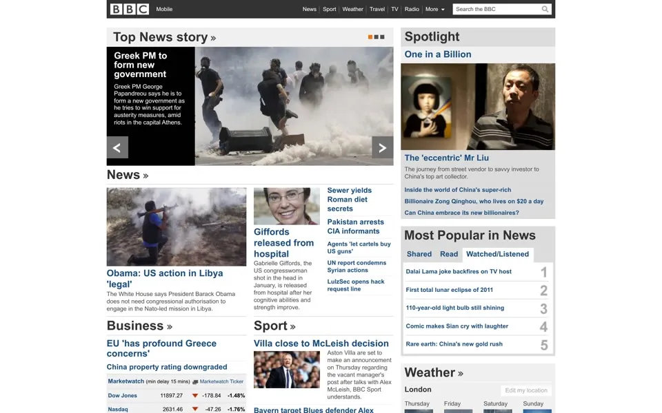 bbc.co.uk homepage in 2011