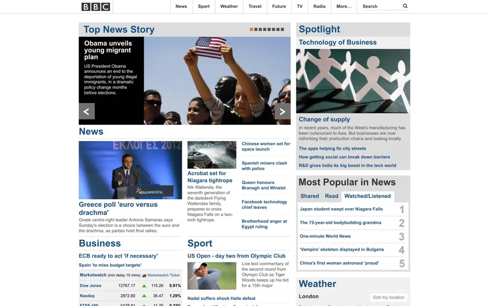 bbc.co.uk homepage in 2012