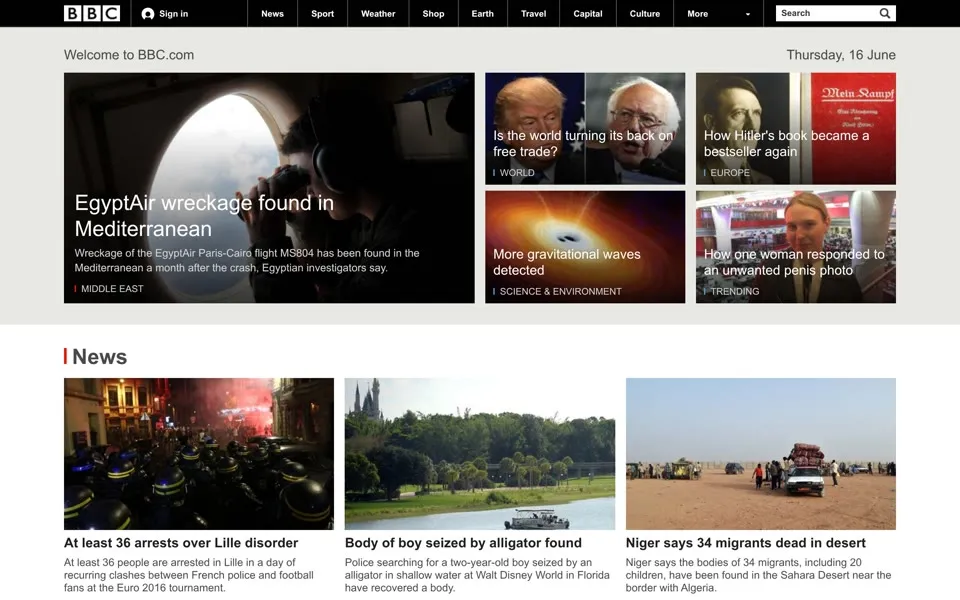 bbc.co.uk homepage in 2016