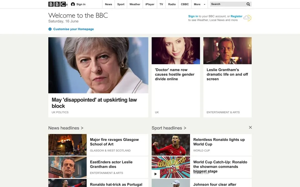 bbc.co.uk homepage in 2018