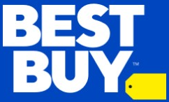 Best Buy logo on the 2018 bestbuy.com homepage: Tag moves under a new blue block wordmark