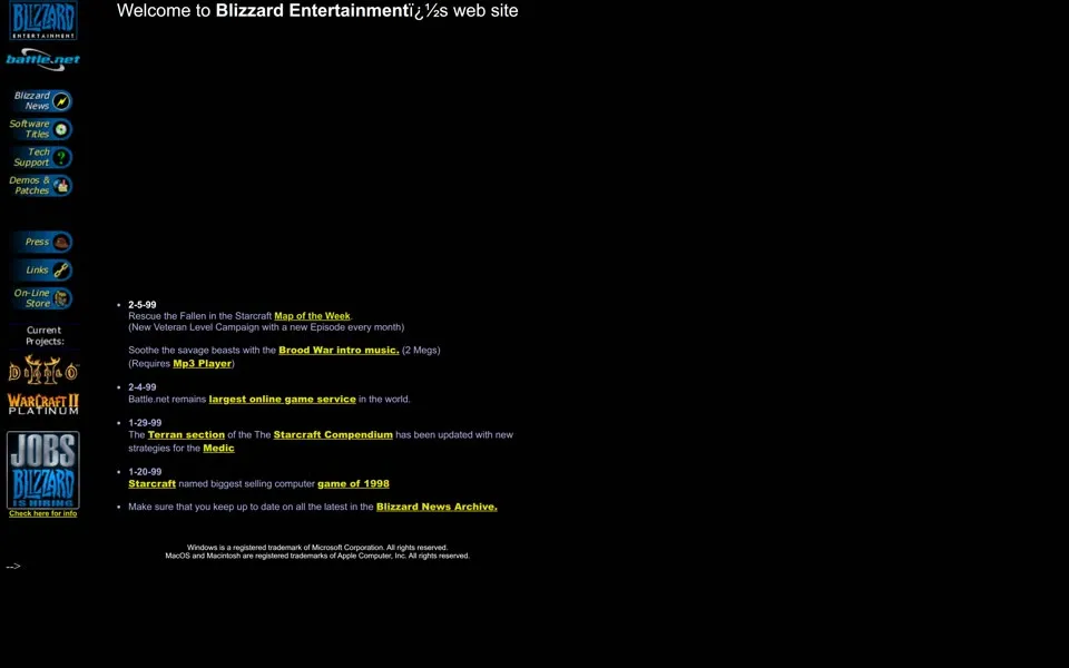 blizzard.com homepage in 1999