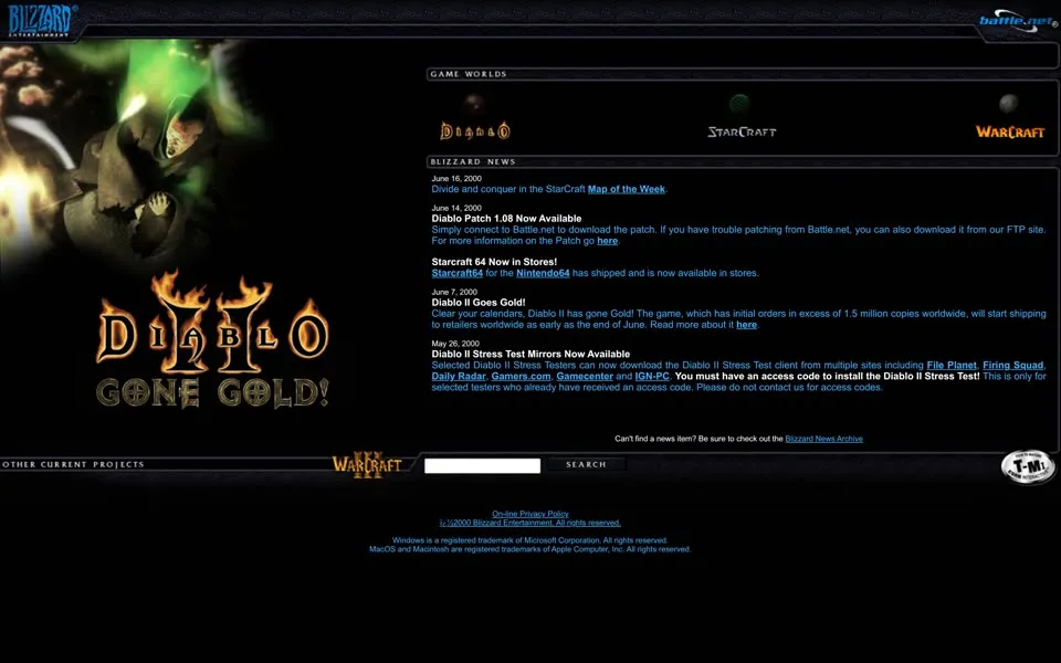 blizzard.com homepage in 2000