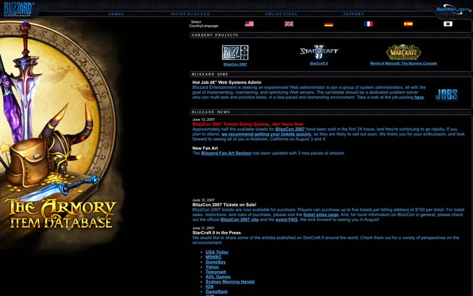 blizzard.com homepage in 2007