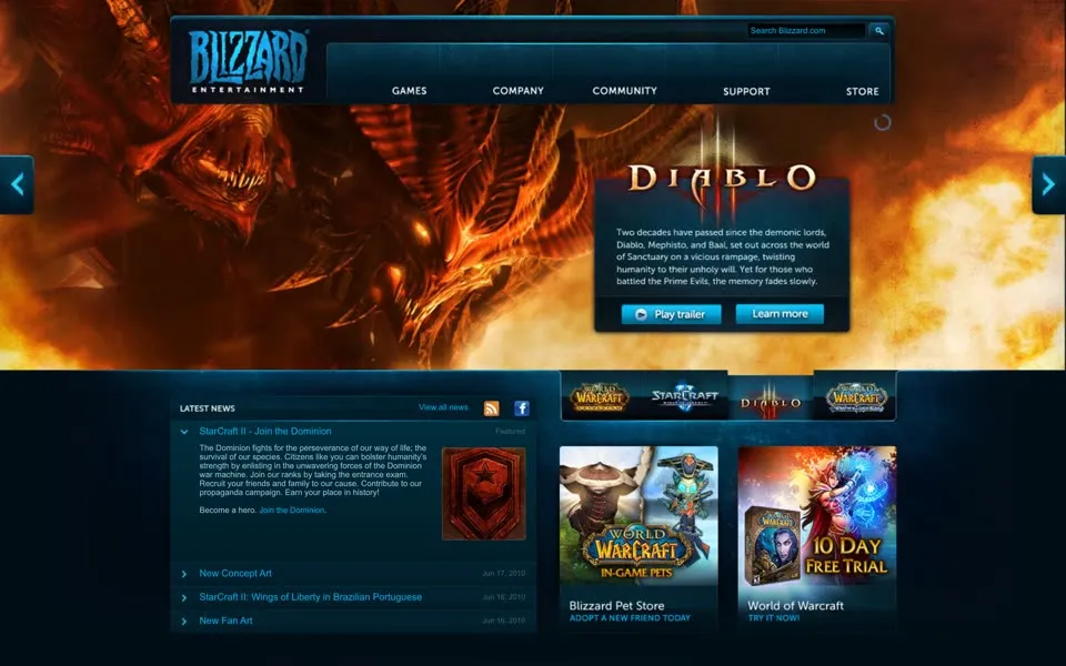 blizzard.com homepage in 2010