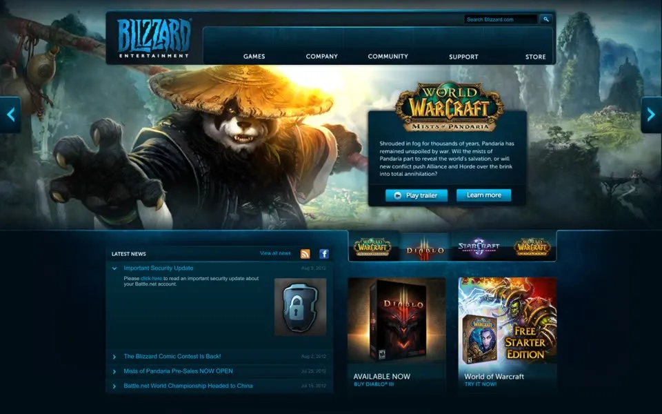 blizzard.com homepage in 2012