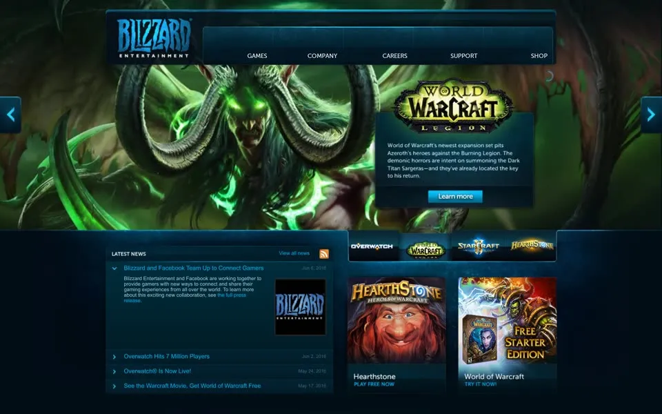 blizzard.com homepage in 2016
