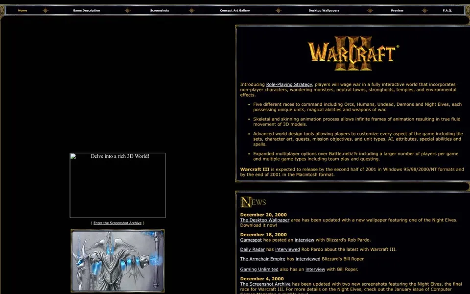 Warcraft III page on blizzard.com, January 19, 2001