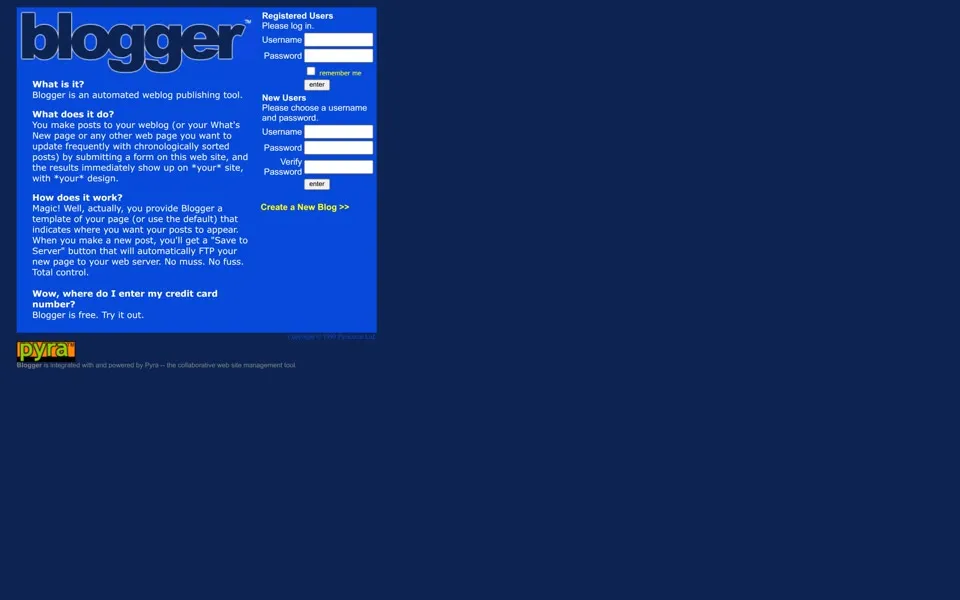 blogger.com homepage in 1999