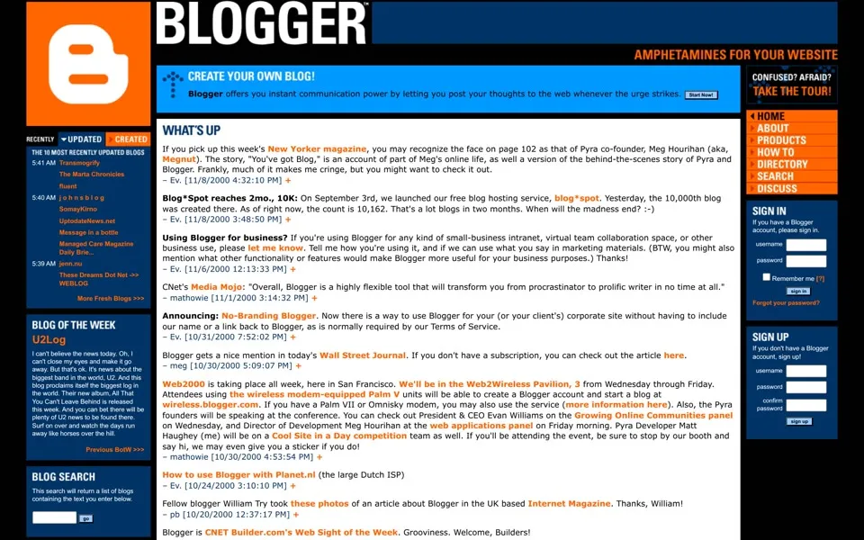 blogger.com homepage in 2000