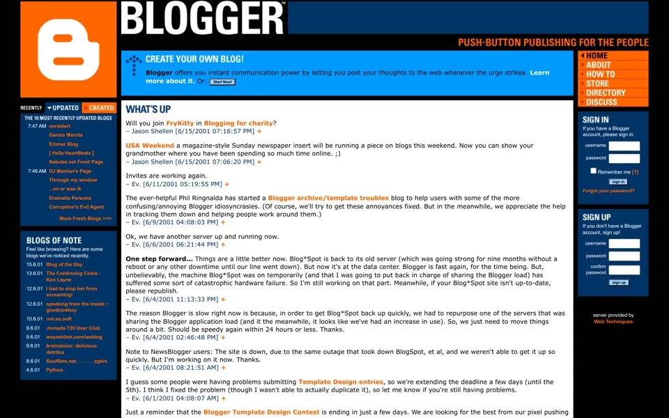 blogger.com homepage in 2001