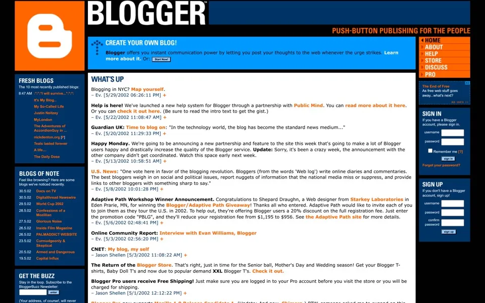 blogger.com homepage in 2002