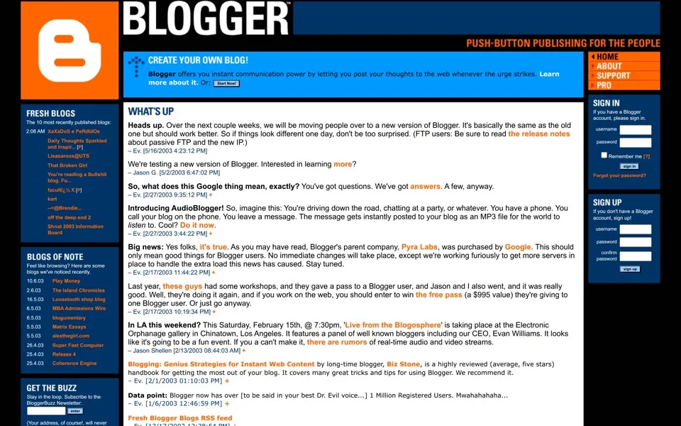 blogger.com homepage in 2003