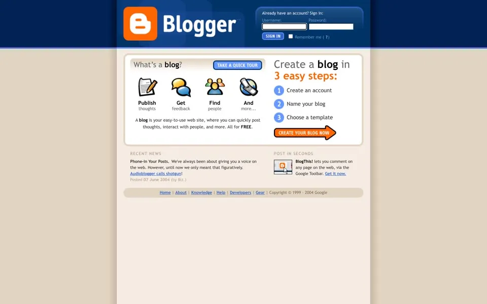 blogger.com homepage in 2004
