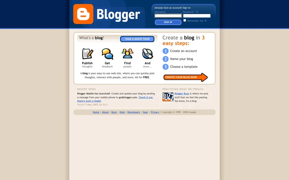 blogger.com homepage in 2005