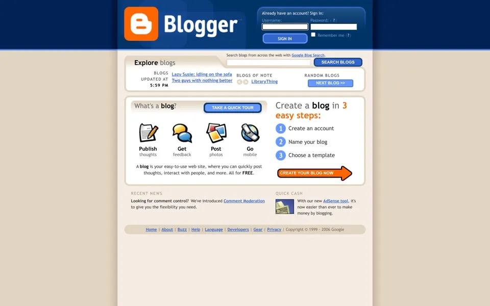 blogger.com homepage in 2006