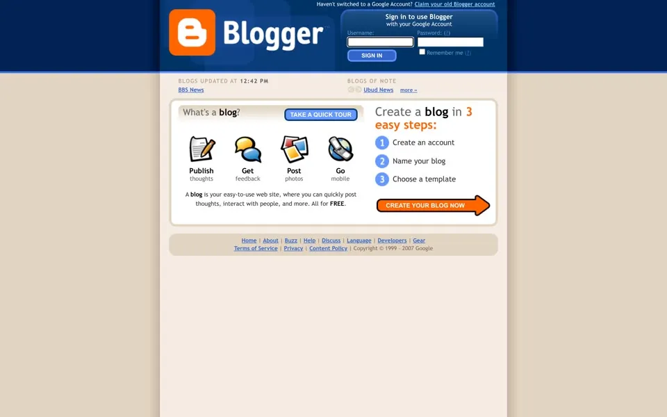blogger.com homepage in 2007