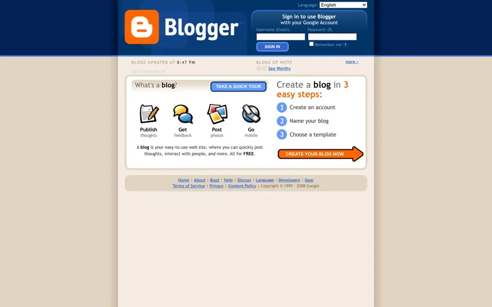 blogger.com homepage in 2008