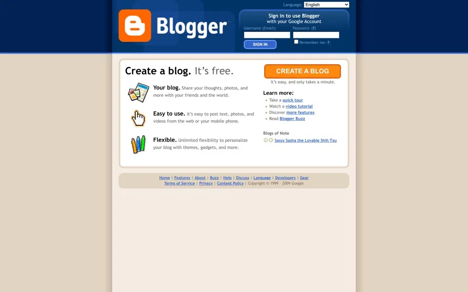 blogger.com homepage in 2009