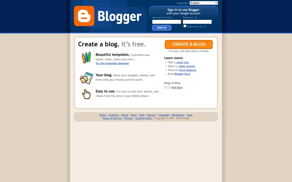 blogger.com homepage in 2010