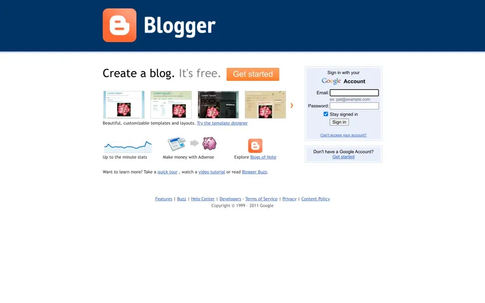 blogger.com homepage in 2011