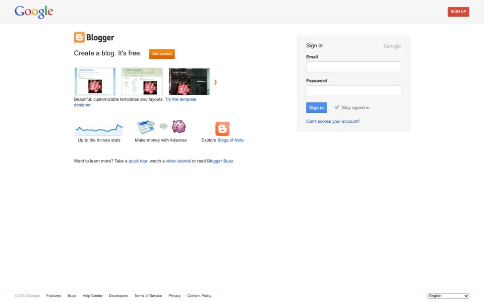 blogger.com homepage in 2012
